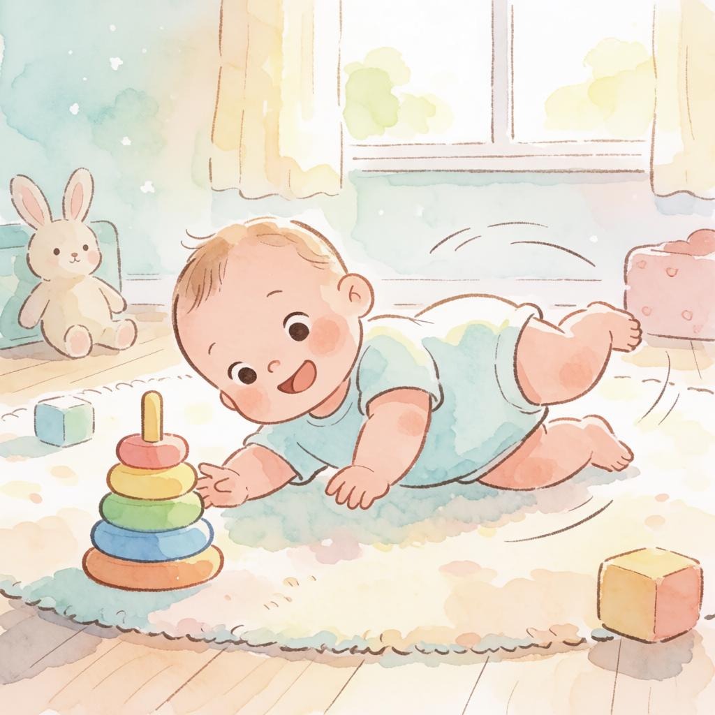 A smiling baby in a pale blue onesie lies on their tummy on a soft rug, propped on one arm and reaching across their body towards a rainbow stacking-ring toy, with faint motion arcs behind them tracing the turn of a roll. A plush bunny, wooden blocks and a sunlit nursery window sit in the background.