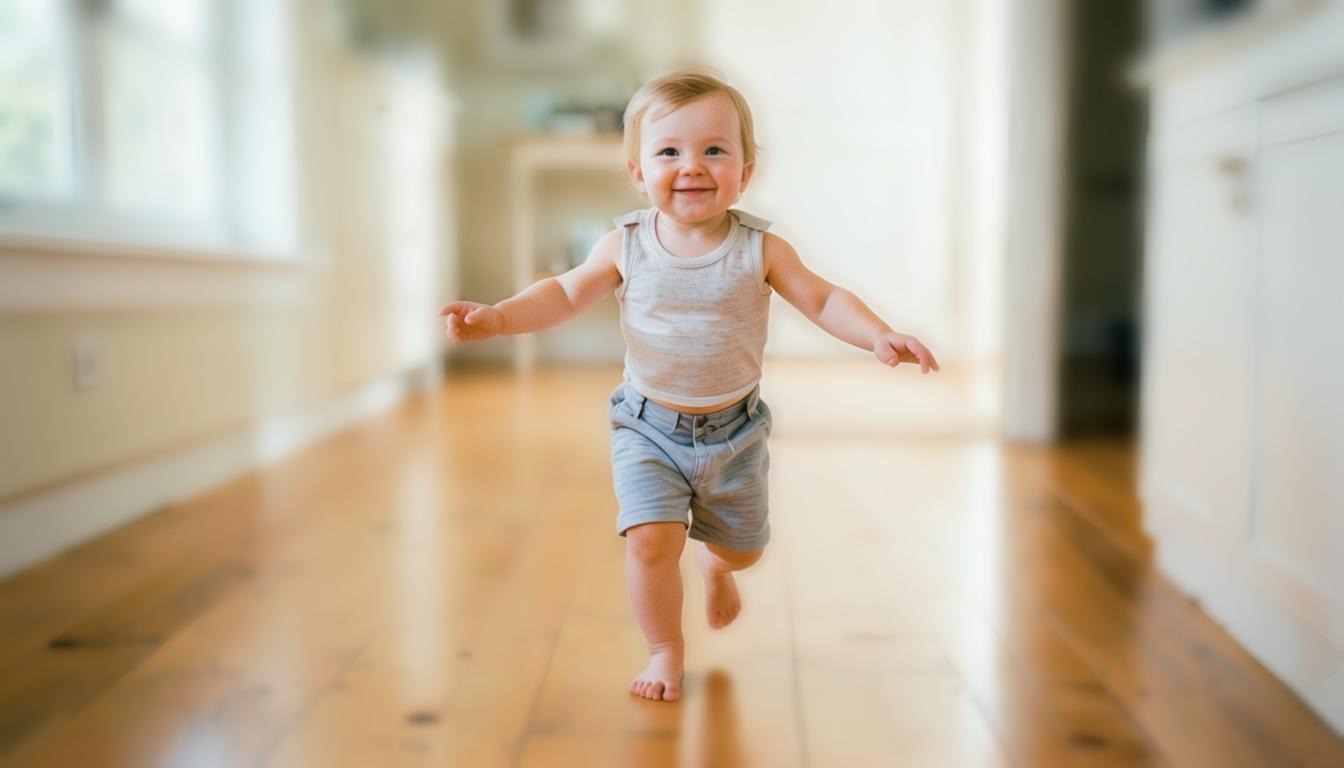 A smiling barefoot toddler walks toward the camera across a sunlit wooden floor, arms held out to the sides for balance, one foot planted mid-step - the flat-footed stage of early walking while the arch is still developing.