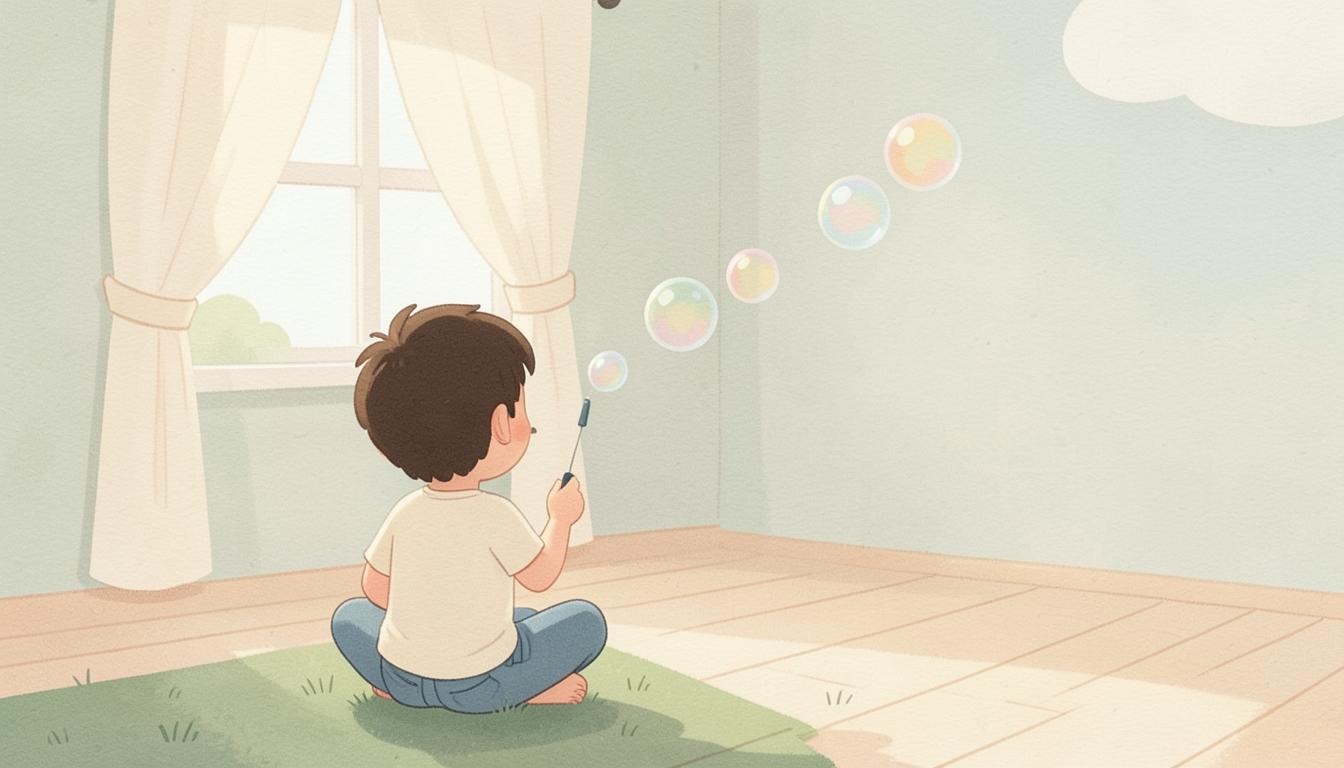 Illustration of a young child sitting on a rug blowing bubbles, a playful breathing exercise used in cystic fibrosis chest physiotherapy
