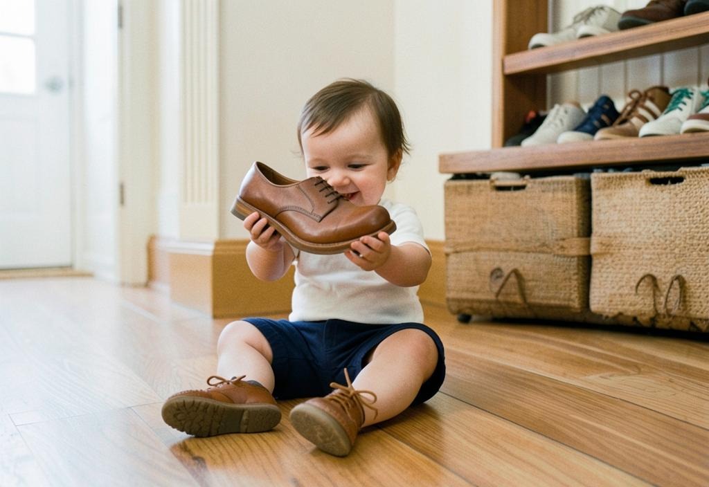 A smiling toddler in a white t-shirt and navy shorts sits on a wooden floor in a home entryway, holding up an adult-sized brown leather lace-up shoe with both hands while wearing small brown lace-up boots, with a shoe rack and wicker storage baskets behind them.
