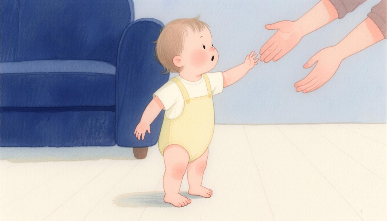 A barefoot toddler in a pale yellow romper and white t-shirt steadies themselves with one hand on the arm of a navy sofa and stretches their other arm out towards an adult's waiting hands, caught in the moment before taking a first independent step across the room.